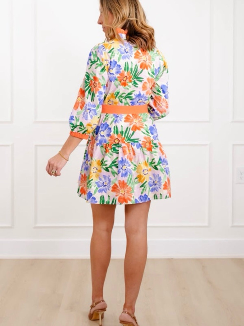 JODIFL Bright Floral Wrap Mini Dress with Orange Trim - Picture 3 of 7